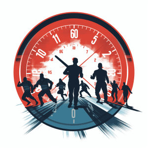 A silhouette of a group of people running in front of a clock.