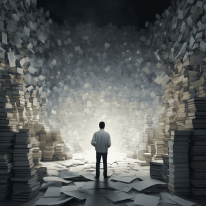 A man standing in front of a pile of books.