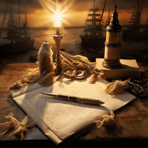 A desk with a lamp, a pen, and an old book.