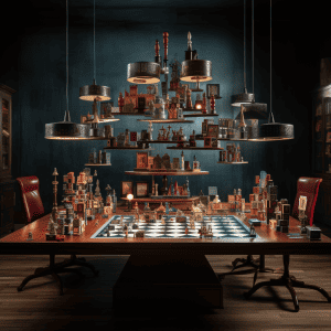 A room with a chess table and chairs.