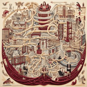 An illustration of a maze with people in it.