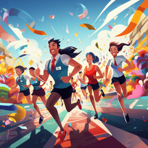 A group of people running in a race with confetti.