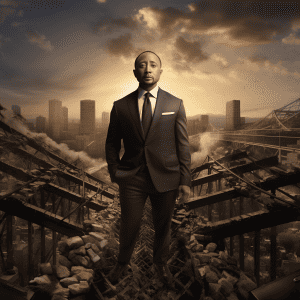 A man in a suit standing on a bridge.