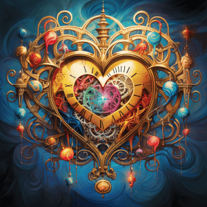 A heart shaped clock with a lot of ornaments.
