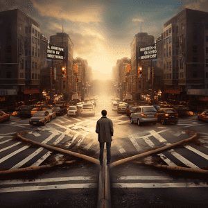 A man standing on a crosswalk in a city.