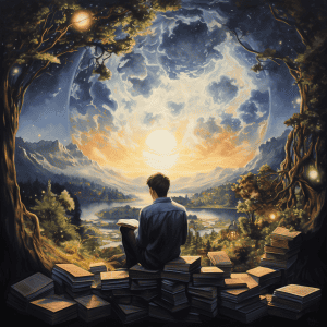 A man sitting on a pile of books.