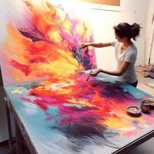 A woman painting a colorful painting on a table.