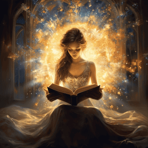 A woman reading a book in front of a glowing light.