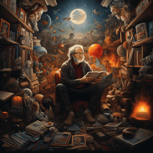 An old man reading a book in a room full of books.