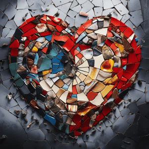 A heart made of broken pieces of glass.