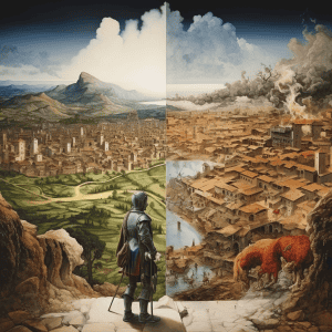 A painting of a man standing on a hill overlooking a city.