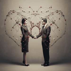 Two business people standing in front of a heart shaped network.