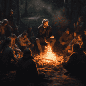 A group of people sitting around a campfire.