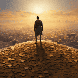 A man standing on top of a pile of coins.