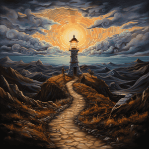 A painting of a lighthouse with a path leading to it.