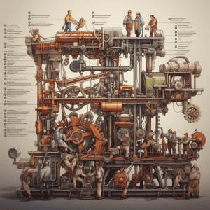 An illustration of a machine with people working on it.