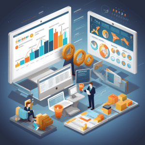 Isometric business concept with people working on a computer.