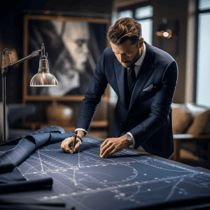 A man in a suit working on a blueprint.