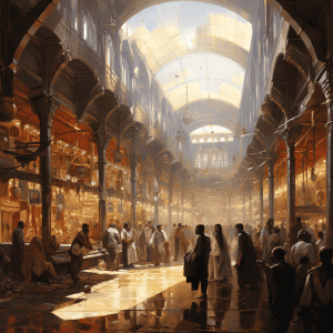 A painting of a marketplace with people walking around.