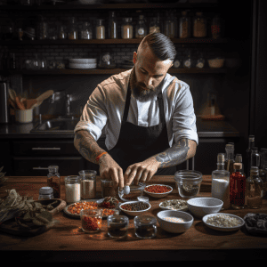 A chef preparing food in a kitchen.