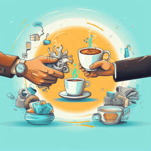 Two people are shaking hands over a cup of coffee.