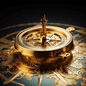 A golden compass on a black background.