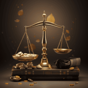 Golden scales with coins and books on a black background.