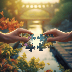 Two hands holding a puzzle piece in front of a river.