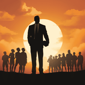 A silhouette of a man standing in front of a group of people.