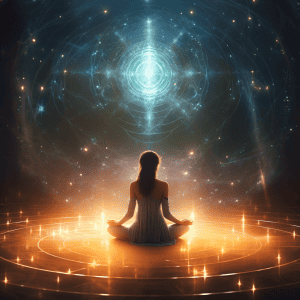 A woman meditating in front of a starry sky.