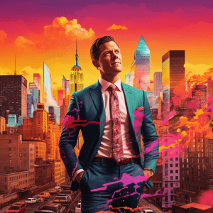 A man in a suit standing in front of a city.