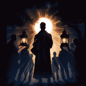 A silhouette of a man in a cloak standing in front of lanterns.