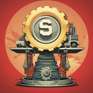 A cartoon image of a gear wheel on top of a red background.