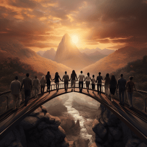 A group of people standing on a bridge over a river.