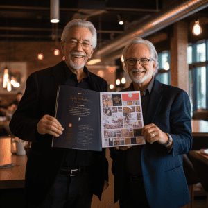 Two men are smiling while holding a book in front of a table.