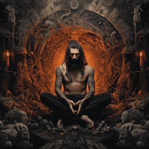 A man meditating in front of a wall of skulls and demons.