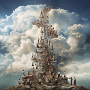 A tower of people on top of a cloud.