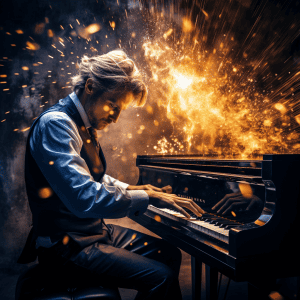 A man playing a piano with sparks coming out of it.