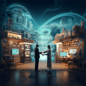 A man and woman are shaking hands in a futuristic store.