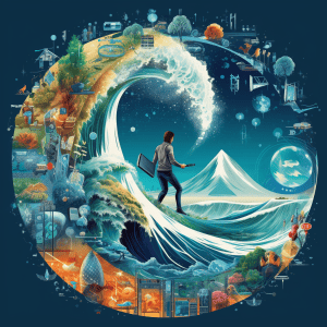 An illustration of a man standing on top of a wave.