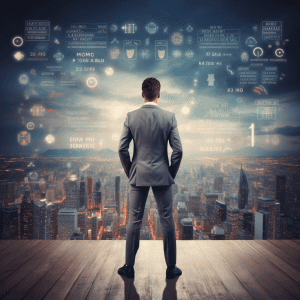 A businessman looking out over a city.