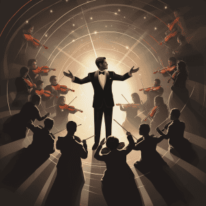 A man in a tuxedo is holding a violin in front of a group of people.