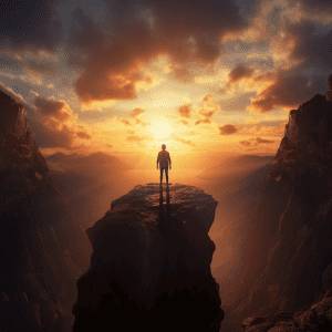 A man standing on top of a cliff at sunset.