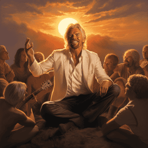 A painting of a man sitting in front of a group of people.
