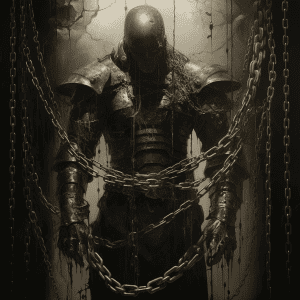 An image of a man in chains holding a sword.