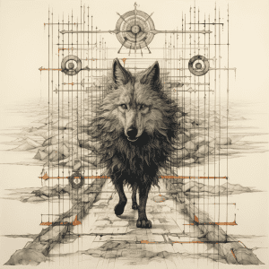 A drawing of a wolf walking down a path.