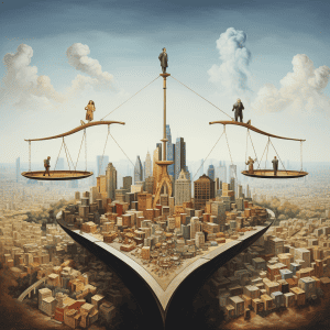 A painting of people on a balance scale with a city in the background.