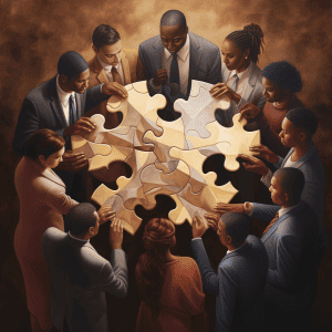 A group of people putting puzzle pieces together.