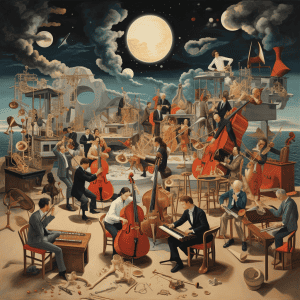A painting of a group of musicians playing instruments under the moon.