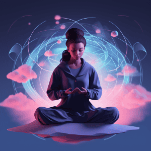 A woman meditating in a lotus position on a cloud.